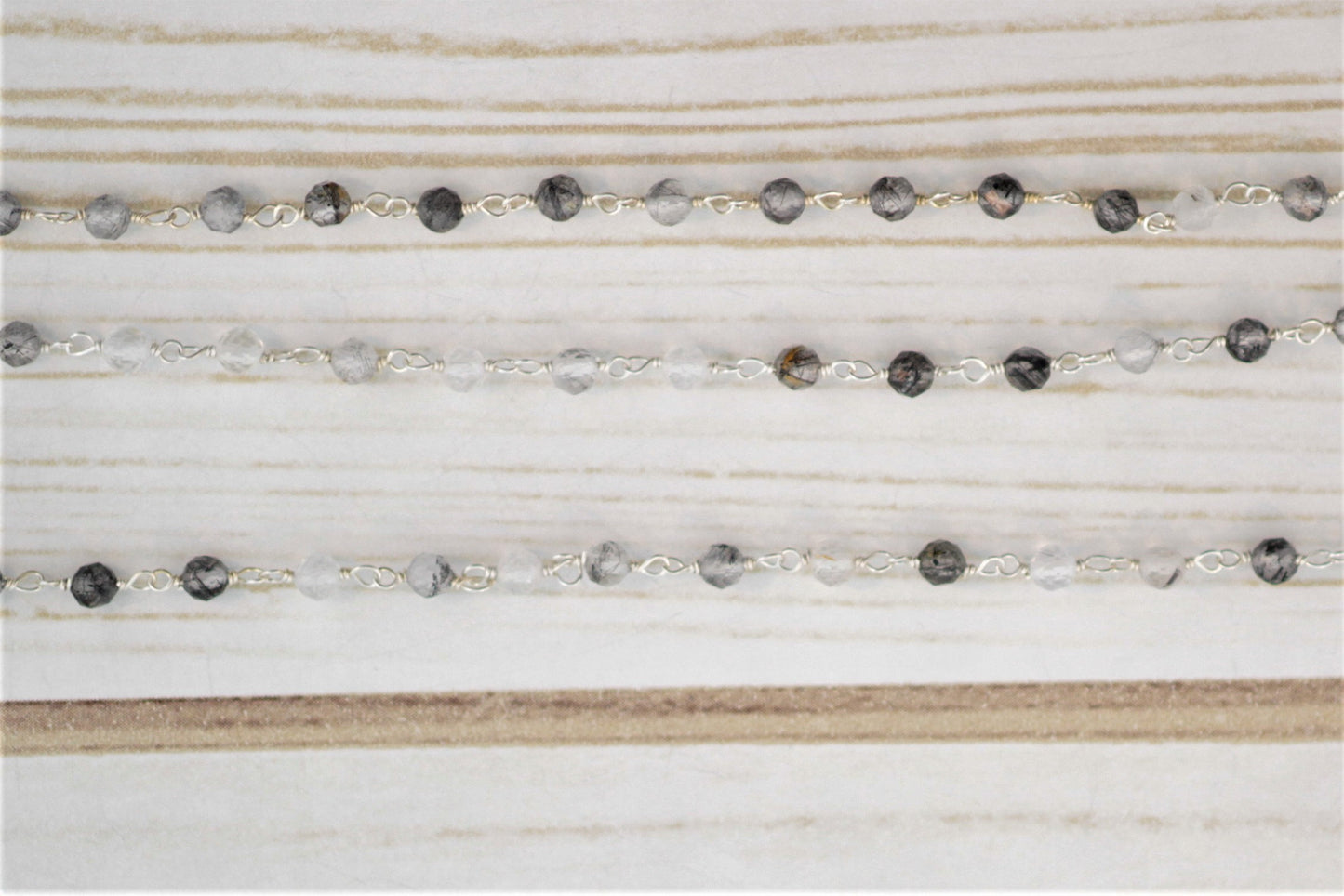 Black Tourmalinated Quartz 3.5mm Faceted Rounds Rosary Chain Sterling Silver Wire Wrap Chain by the Foot