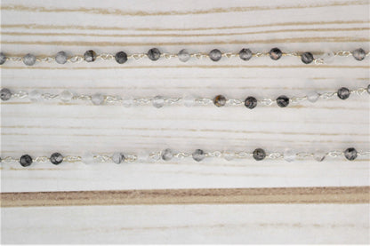 Black Tourmalinated Quartz 3.5mm Faceted Rounds Rosary Chain Sterling Silver Wire Wrap Chain by the Foot