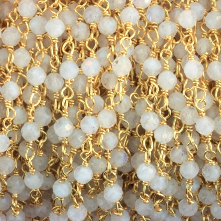 Blue Rainbow Moonstone 3mm Faceted Rounds Rosary Chain Sterling Silver with Gold Plating Wire Wrap Chain by the Foot