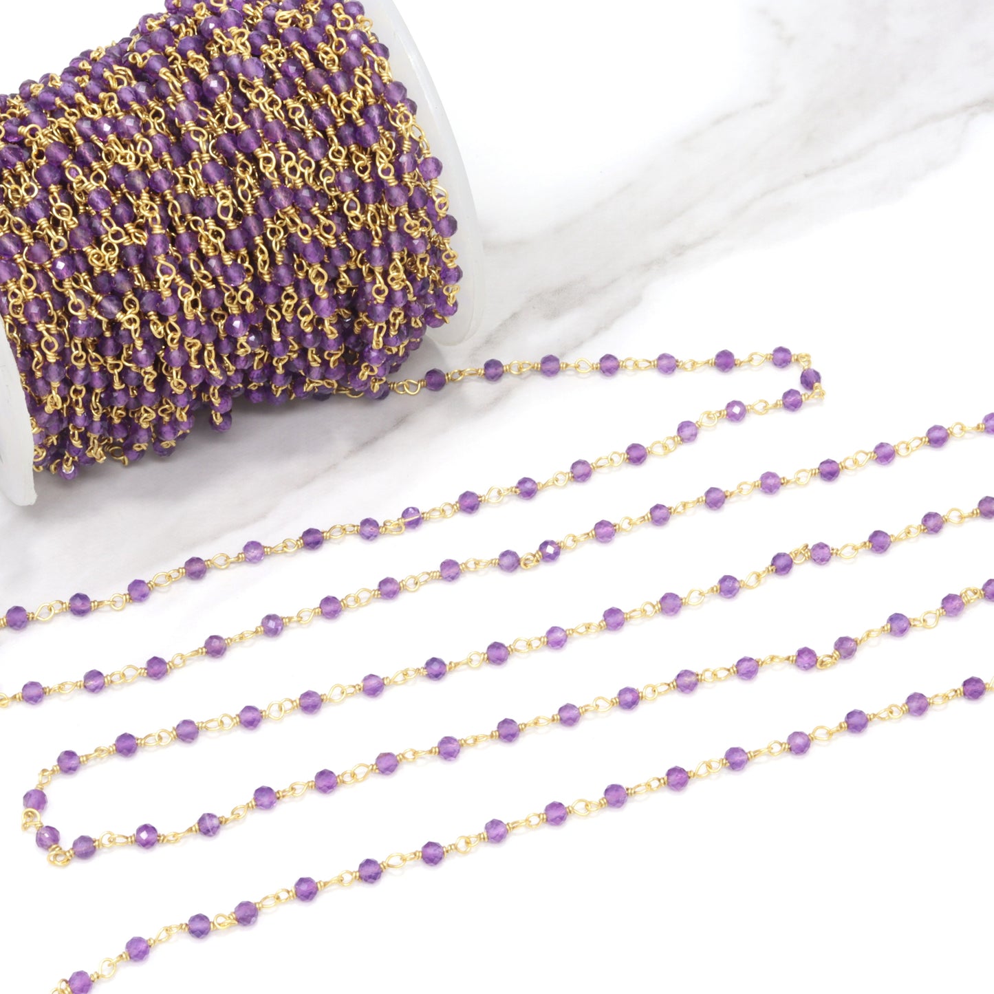 Purple Amethyst 2.5mm Faceted Rounds Rosary Chain Sterling Silver with Gold Plating Wire Wrap Chain by the Foot