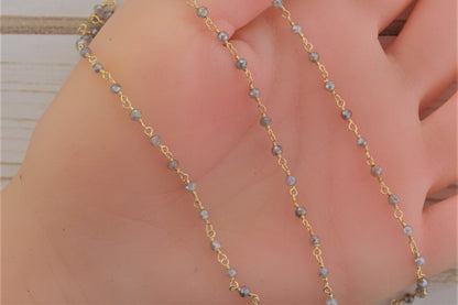 Coated Labradorite 3mm Faceted Rondelles Rosary Chain Sterling Silver with Gold Plating Wire Wrap Chain by the Foot