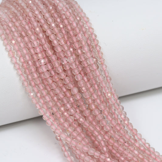 Pink Rose Quartz 3mm Faceted Rounds Bead Strand
