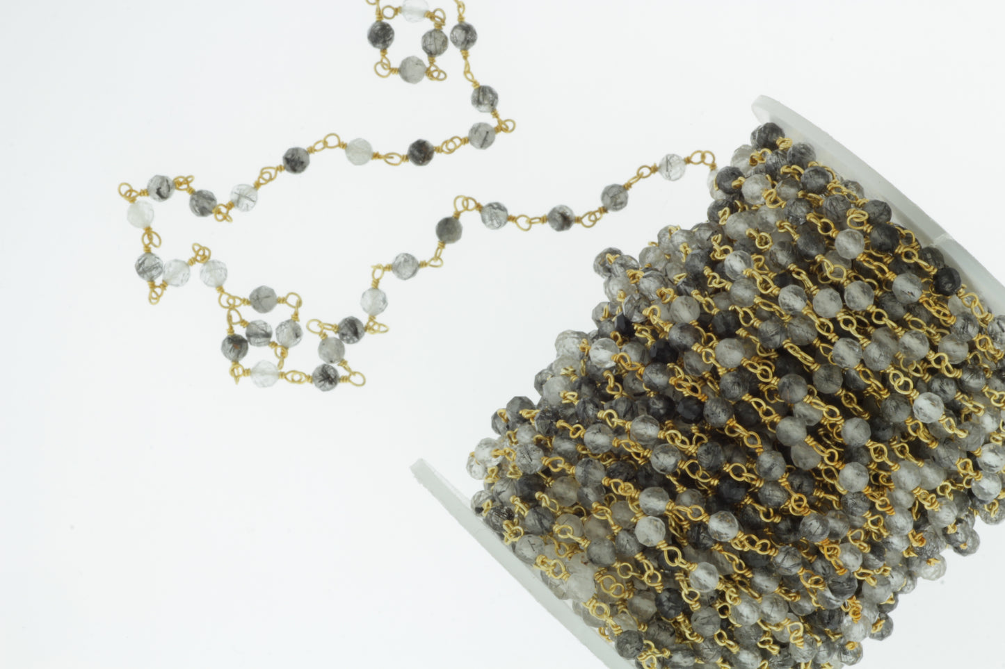Black Tourmalinated Quartz 3.5mm Faceted Rounds Rosary Chain Sterling Silver with Gold Plating Wire Wrap Chain by the Foot