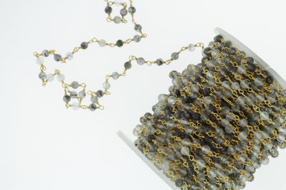 Black Tourmalinated Quartz 3.5mm Faceted Rounds Rosary Chain Sterling Silver with Gold Plating Wire Wrap Chain by the Foot
