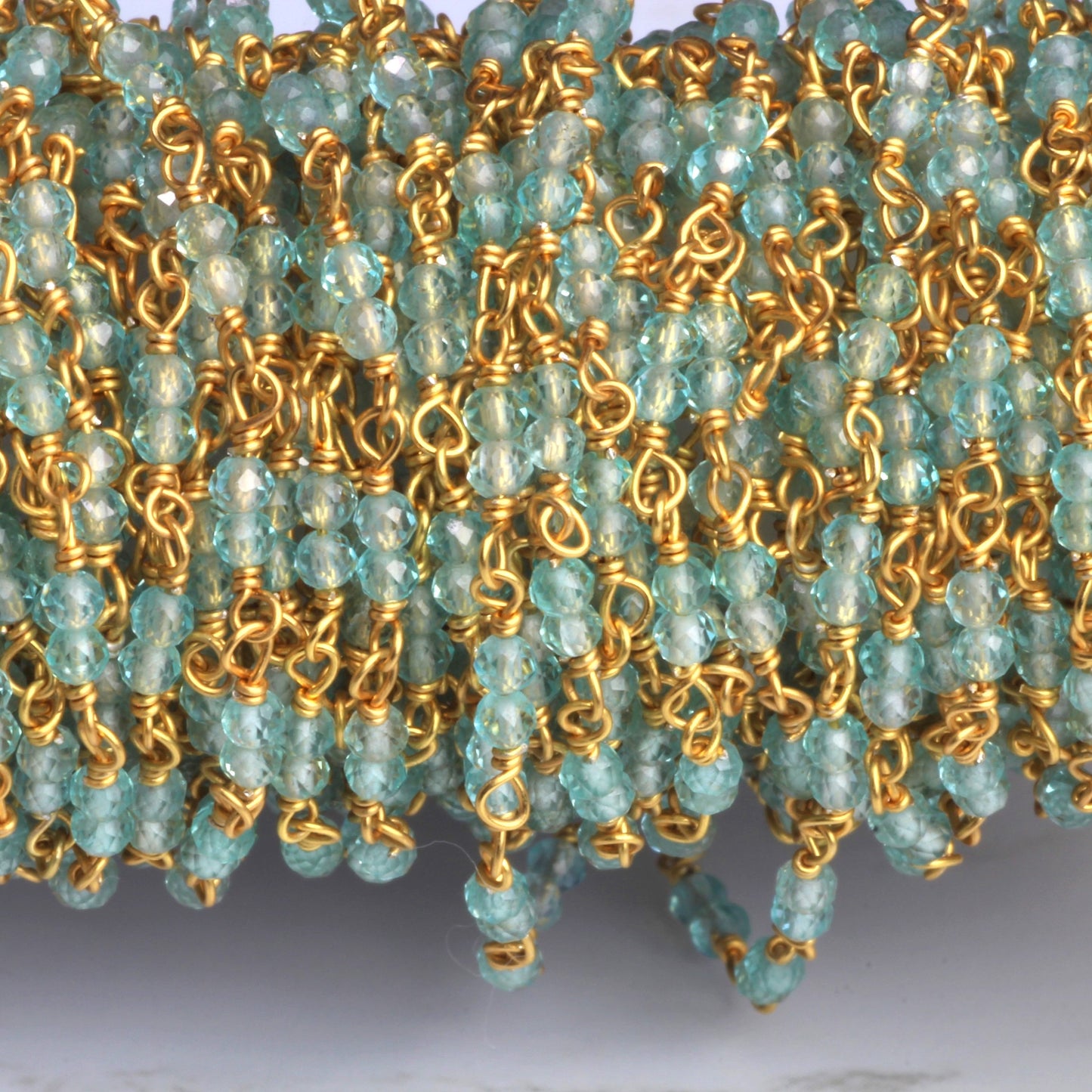 Sea Blue Apatite 2.5mm Faceted Rounds Rosary Chain Sterling Silver with Gold Plating Double Bead Wire Wrap Chain by the Foot