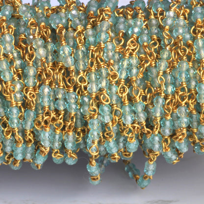 Sea Blue Apatite 2.5mm Faceted Rounds Rosary Chain Sterling Silver with Gold Plating Double Bead Wire Wrap Chain by the Foot