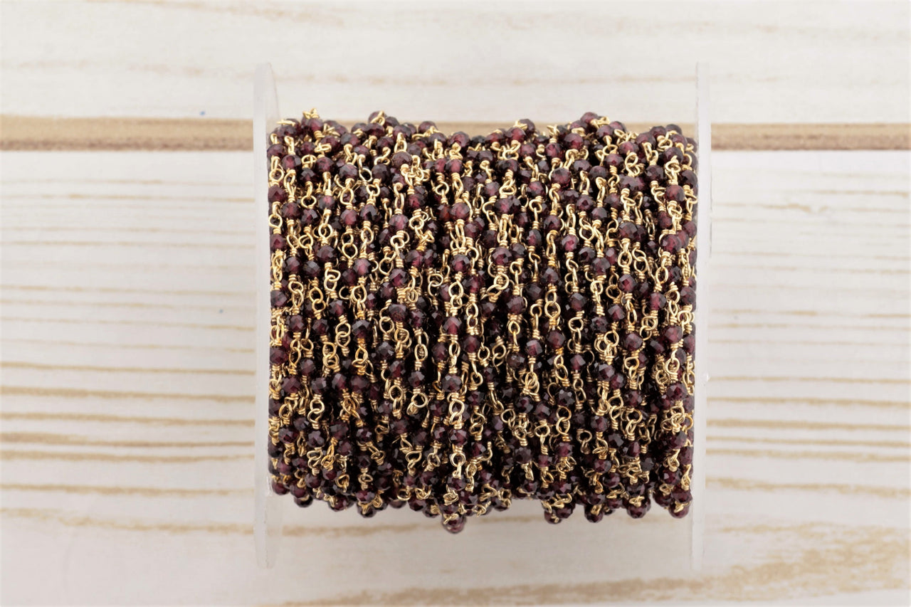 Red Garnet 2.5mm Faceted Rondelles Rosary Chain Sterling Silver with Gold Plating Wire Wrap Chain by the Foot