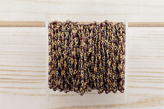 Red Garnet 2.5mm Faceted Rondelles Rosary Chain Sterling Silver with Gold Plating Wire Wrap Chain by the Foot