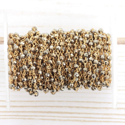 Natural Pyrite 3mm Faceted Rondelles Rosary Chain Sterling Silver with Gold Plating Wire Wrap Chain by the Foot