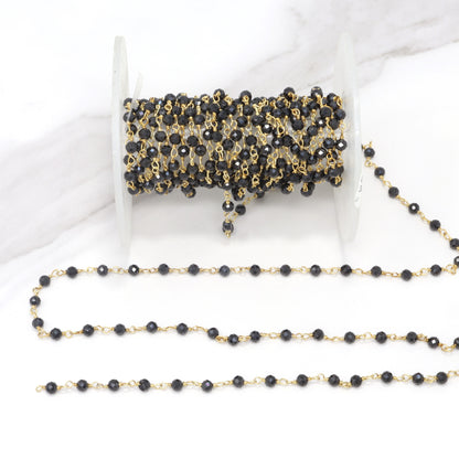 Black Spinel 3mm Faceted Rondelles Rosary Chain Sterling Silver with Gold Plating Wire Wrap Chain by the Foot