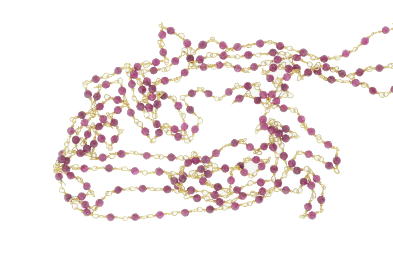 Red Ruby 2.5mm Faceted Rounds Rosary Chain Sterling Silver with Gold Plating Wire Wrap Chain by the Foot