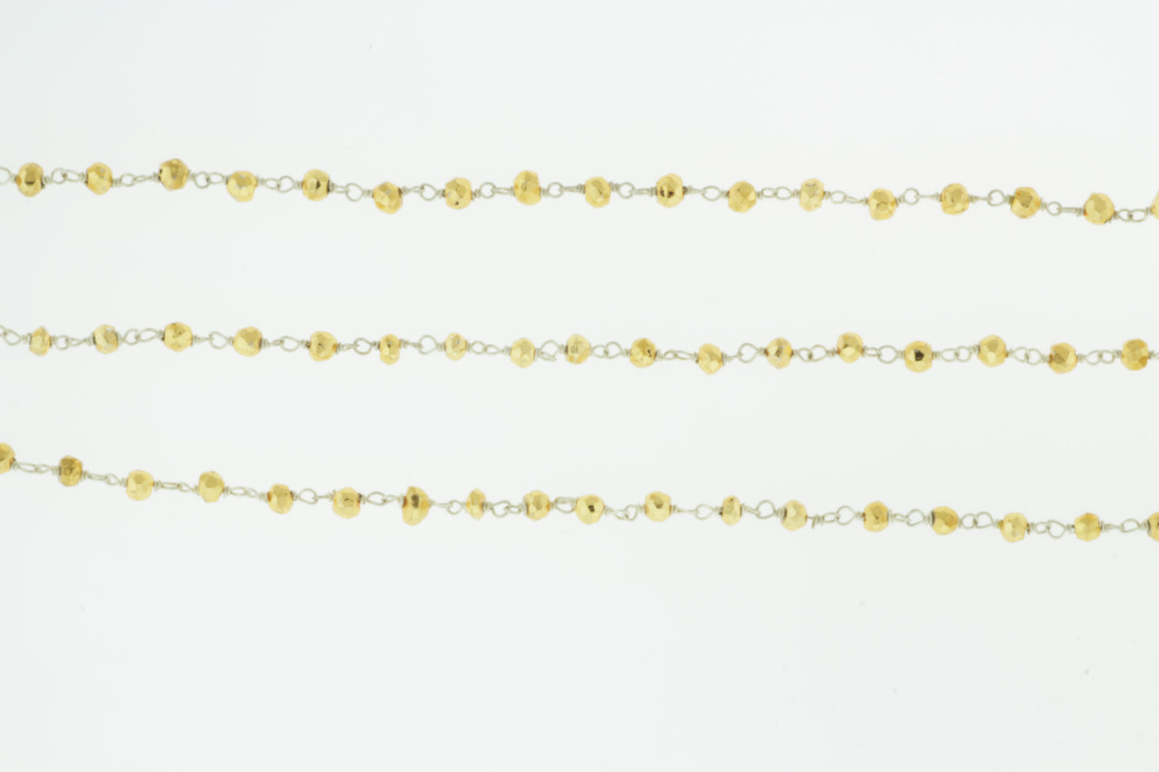 Gold Plated Pyrite 4mm Faceted Rondelles Rosary Chain Sterling Silver Wire Wrap Chain by the Foot