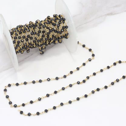 Black Spinel 3mm Faceted Rondelles Rosary Chain Sterling Silver with Gold Plating Wire Wrap Chain by the Foot