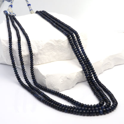 Natural Blue Sapphire 3mm - 5mm Smooth Rondelles 3 Strand Bead Necklace