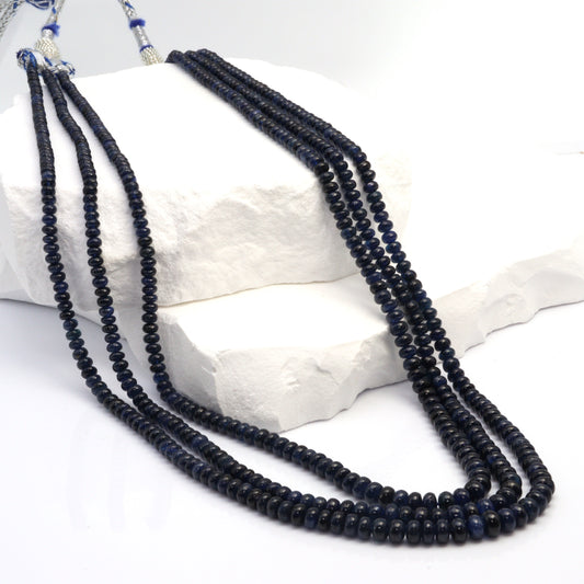 Natural Blue Sapphire 3mm - 5mm Smooth Rondelles 3 Strand Bead Necklace