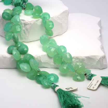 Apple Green Chrysoprase 13mm Faceted Heart Shaped Briolettes Bead Strand