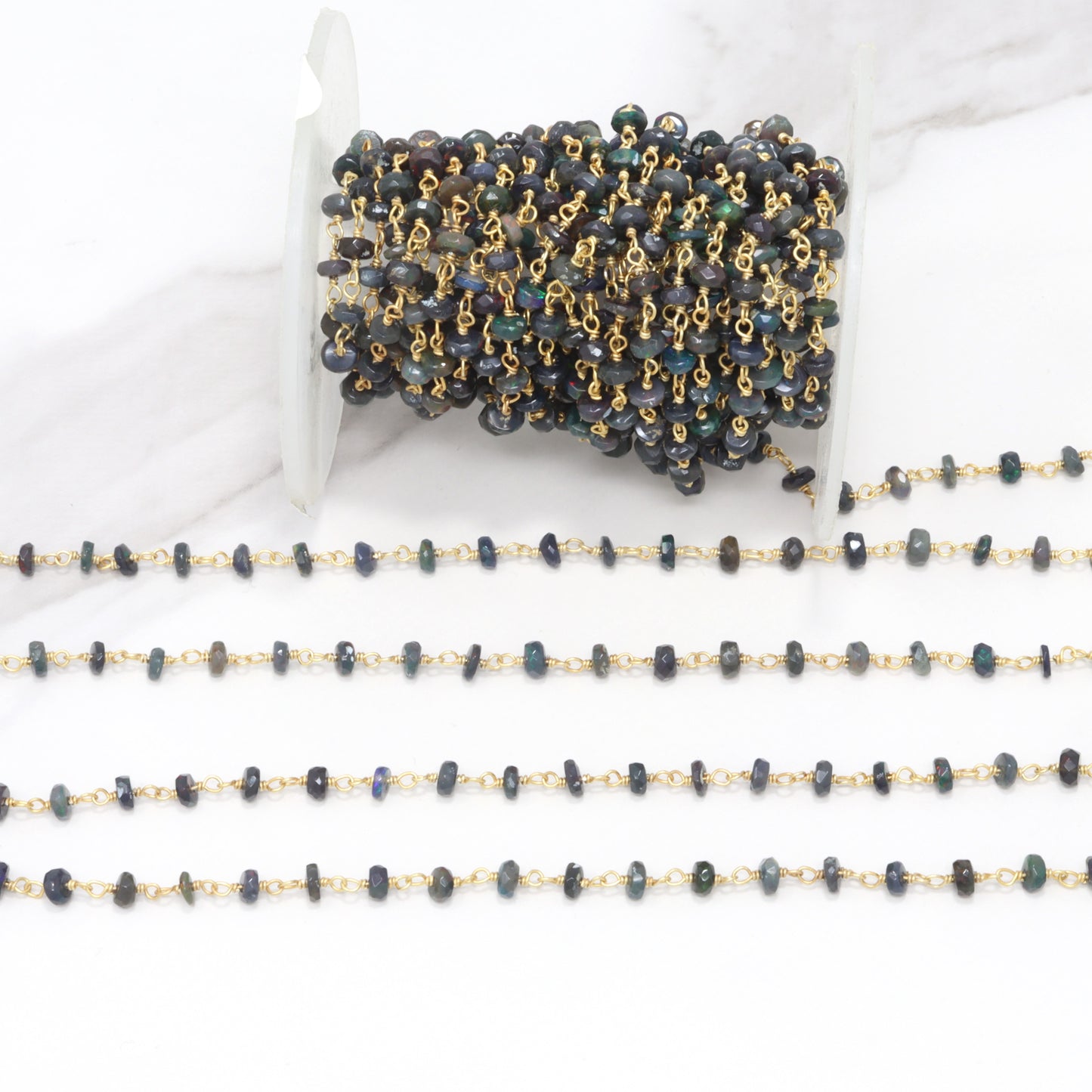 Black Ethiopian Opal 4mm Faceted Rondelles Rosary Chain Sterling Silver with Gold Plating Wire Wrap Chain by the Foot