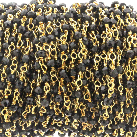 Black Spinel 3mm Faceted Rondelles Rosary Chain Sterling Silver with Gold Plating Wire Wrap Chain by the Foot