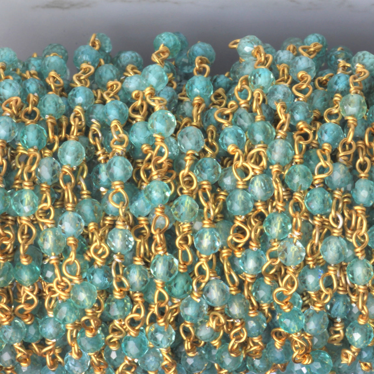 Sea Blue Apatite 3mm Faceted Rounds Rosary Chain Sterling Silver with Gold Plating Wire Wrap Chain by the Foot