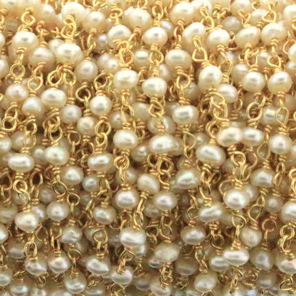 White Freshwater Pearl 3mm Smooth Rondelles Rosary Chain Sterling Silver with Gold Plating Wire Wrap Chain by the Foot