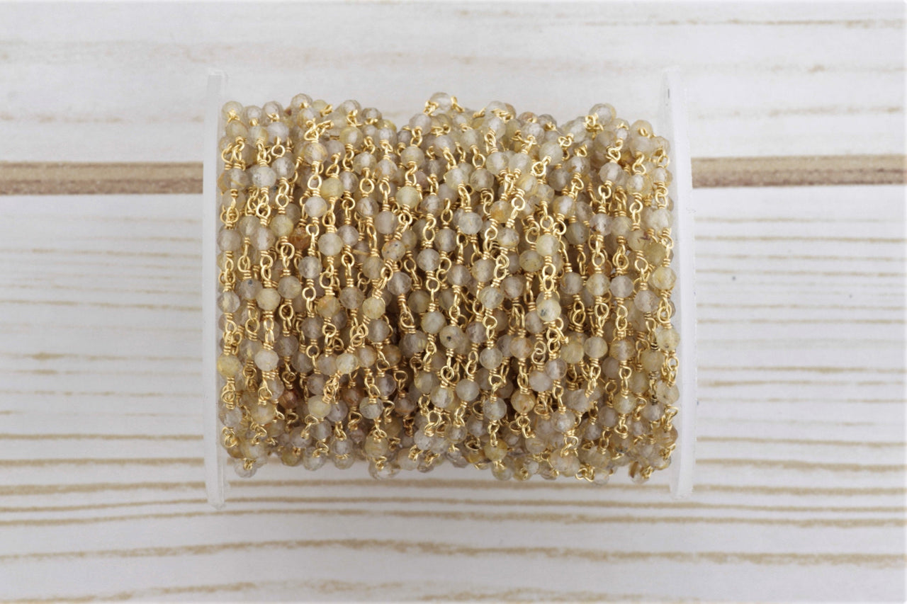 Natural Brown Zircon 3mm Faceted Rondelles Rosary Chain Sterling Silver with Gold Plating Wire Wrap Chain by the Foot