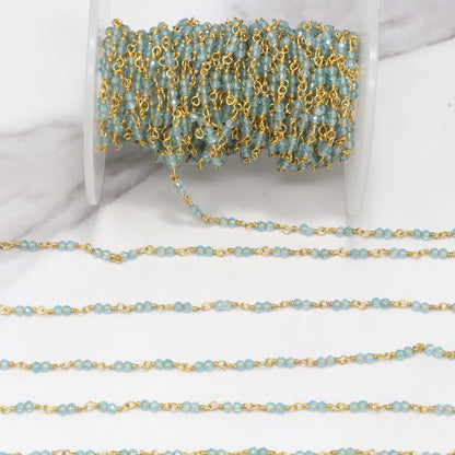 Sea Blue Apatite 2.5mm Faceted Rounds Rosary Chain Sterling Silver with Gold Plating Double Bead Wire Wrap Chain by the Foot