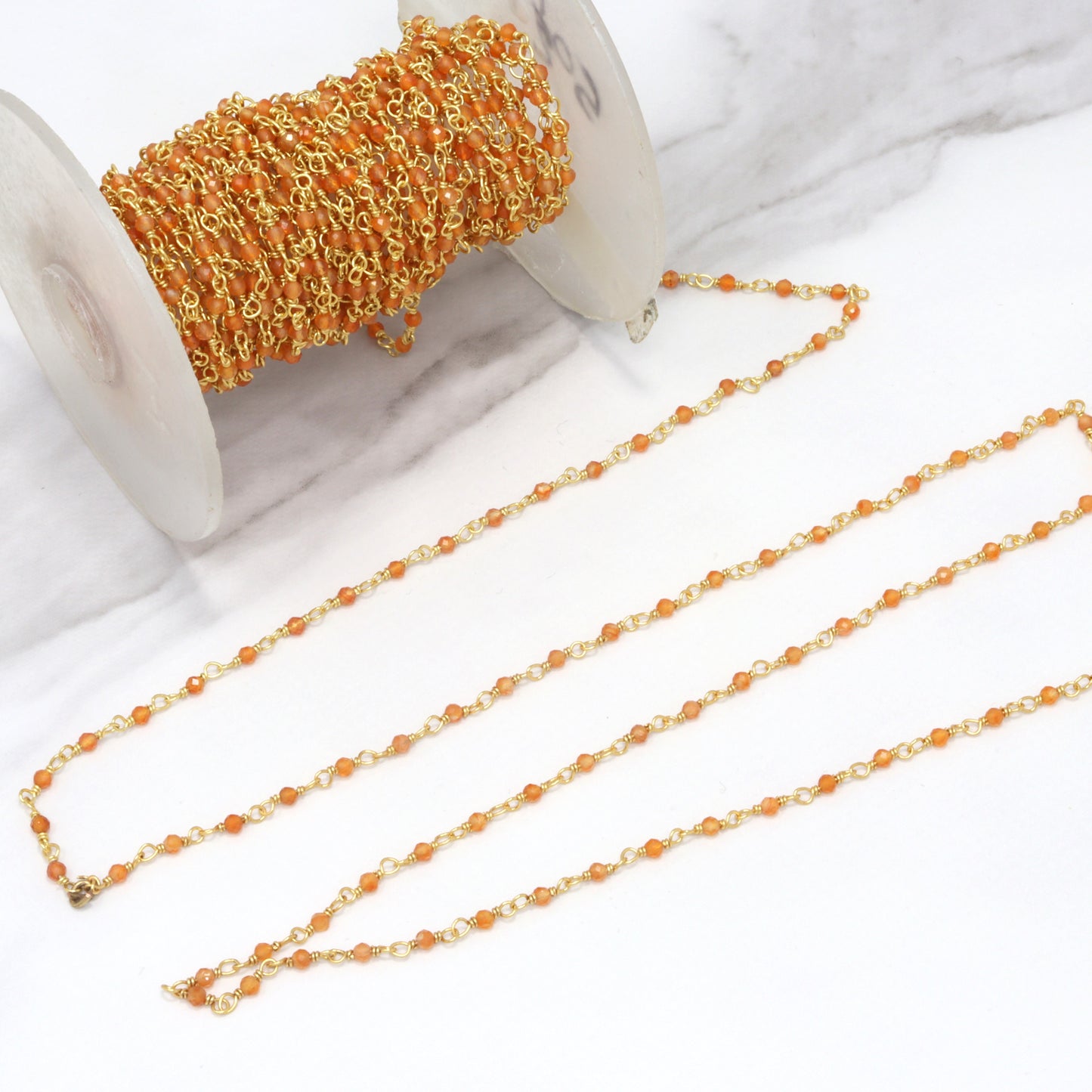 Orange Carnelian 2mm Faceted Rounds Rosary Chain Sterling Silver with Gold Plating Wire Wrap Chain by the Foot