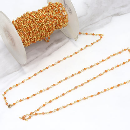 Orange Carnelian 2mm Faceted Rounds Rosary Chain Sterling Silver with Gold Plating Wire Wrap Chain by the Foot