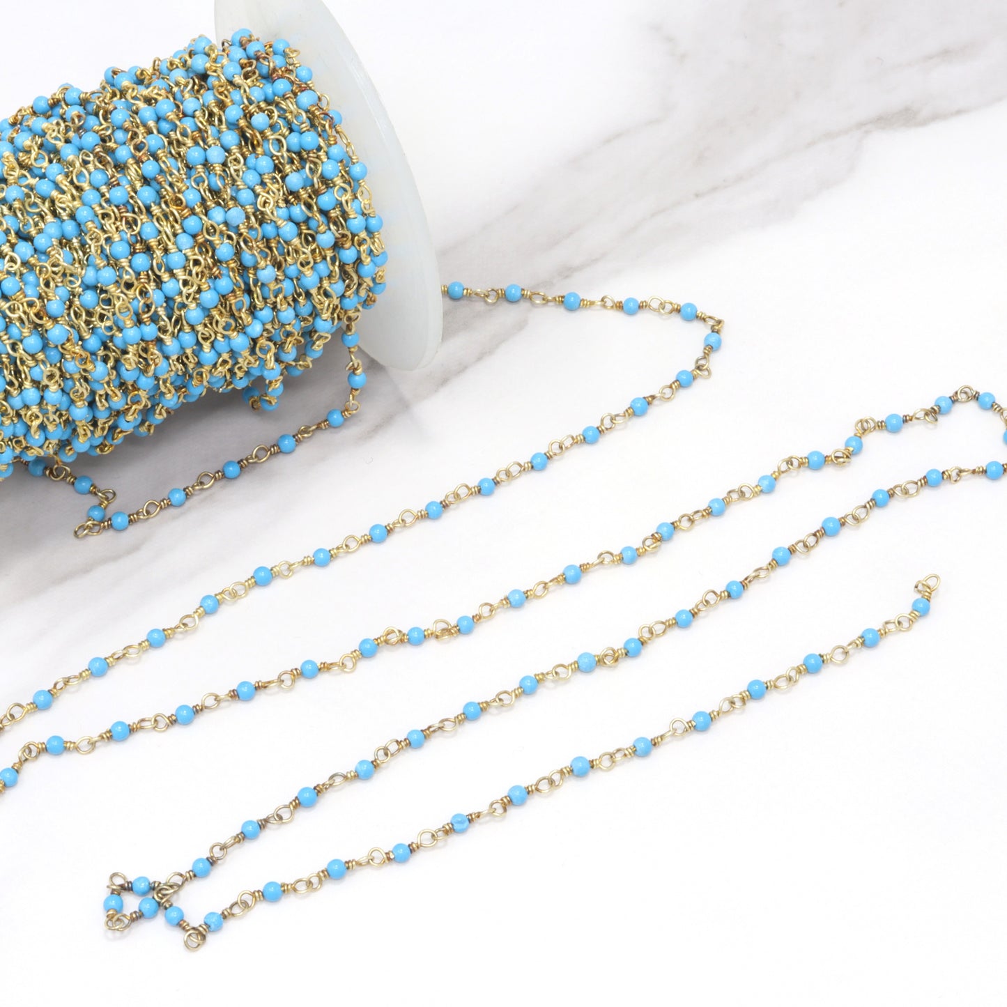 Blue Turquoise (R) 2mm Smooth Rounds Rosary Chain Sterling Silver with Gold Plating Wire Wrap Chain by the Foot