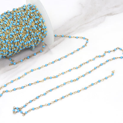 Blue Turquoise (R) 2mm Smooth Rounds Rosary Chain Sterling Silver with Gold Plating Wire Wrap Chain by the Foot