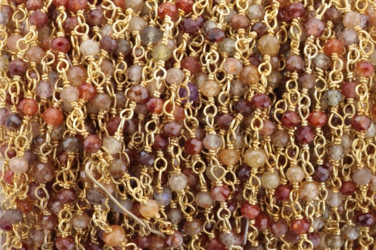 Red and Brown Multi Zircon 2.5mm Faceted Rondelles Rosary Chain Sterling Silver with Gold Plating Wire Wrap Chain by the Foot