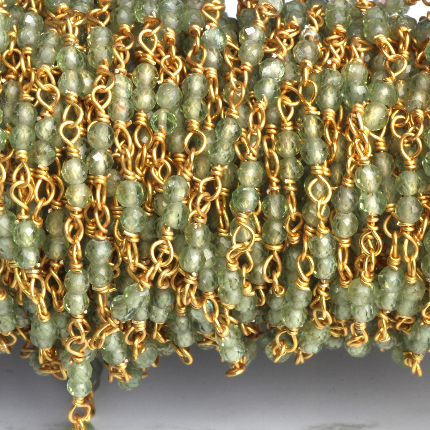 Green Apatite 2.5mm Faceted Rounds Rosary Chain Sterling Silver with Gold Plating Double Bead Wire Wrap Chain by the Foot