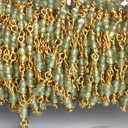 Green Apatite 2.5mm Faceted Rounds Rosary Chain Sterling Silver with Gold Plating Double Bead Wire Wrap Chain by the Foot