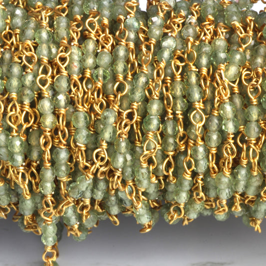 Green Apatite 2.5mm Faceted Rounds Rosary Chain Sterling Silver with Gold Plating Double Bead Wire Wrap Chain by the Foot