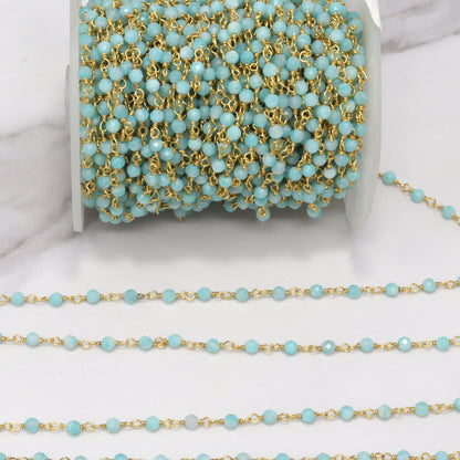 Blue Amazonite 3mm Faceted Rounds Rosary Chain Sterling Silver with Gold Plating Wire Wrap Chain by the Foot