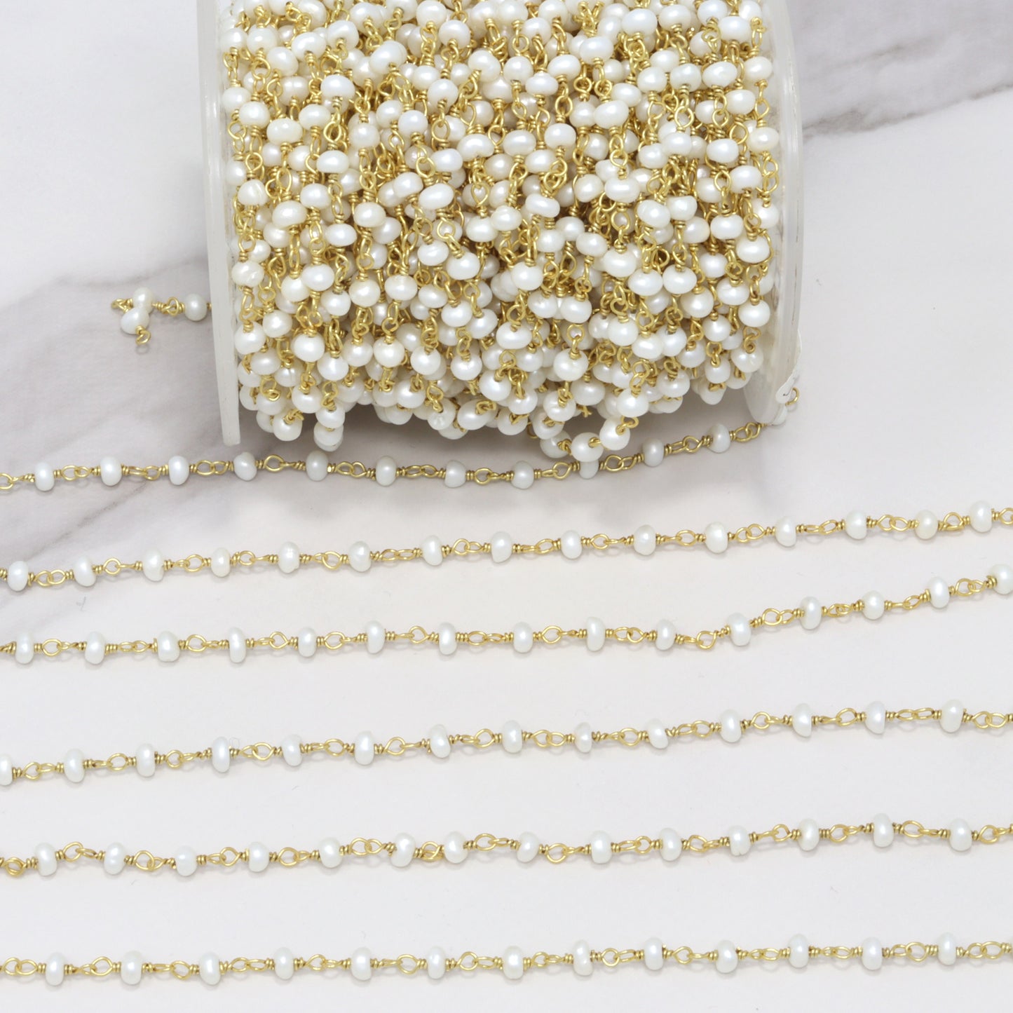 White Freshwater Pearl 3mm Smooth Rondelles Rosary Chain Sterling Silver with Gold Plating Wire Wrap Chain by the Foot