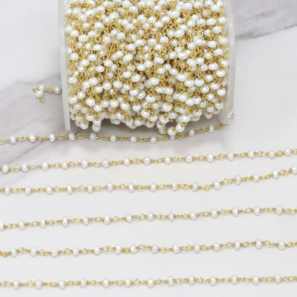 White Freshwater Pearl 3mm Smooth Rondelles Rosary Chain Sterling Silver with Gold Plating Wire Wrap Chain by the Foot