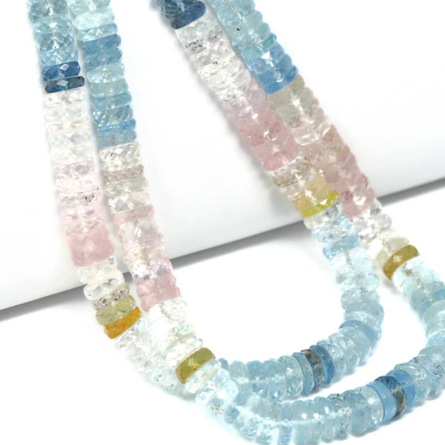 Ombre Aquamarine and Morganite 7mm Faceted Tires Bead Strand