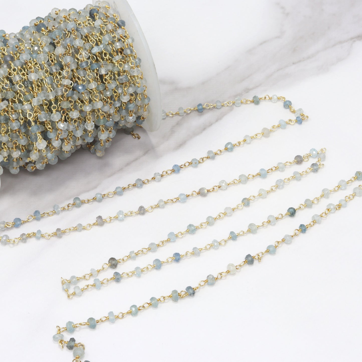 Moss Aquamarine 4mm Faceted Rondelles Rosary Chain Sterling Silver with Gold Plating Wire Wrap Chain by the Foot