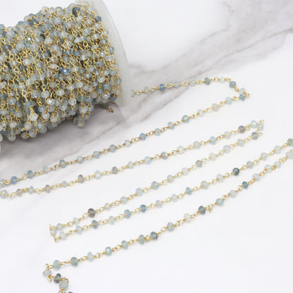 Moss Aquamarine 4mm Faceted Rondelles Rosary Chain Sterling Silver with Gold Plating Wire Wrap Chain by the Foot