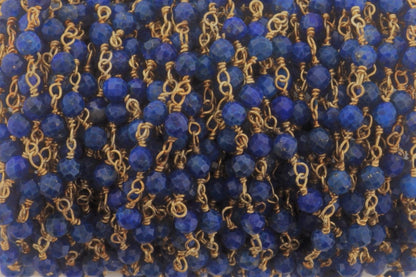 Royal Blue Lapis Lazuli 3.25mm Faceted Rondelles Rosary Chain Sterling Silver with Gold Plating Wire Wrap Chain by the Foot