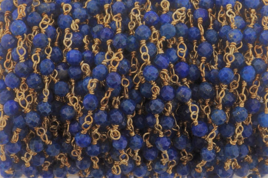 Royal Blue Lapis Lazuli 3.25mm Faceted Rondelles Rosary Chain Sterling Silver with Gold Plating Wire Wrap Chain by the Foot