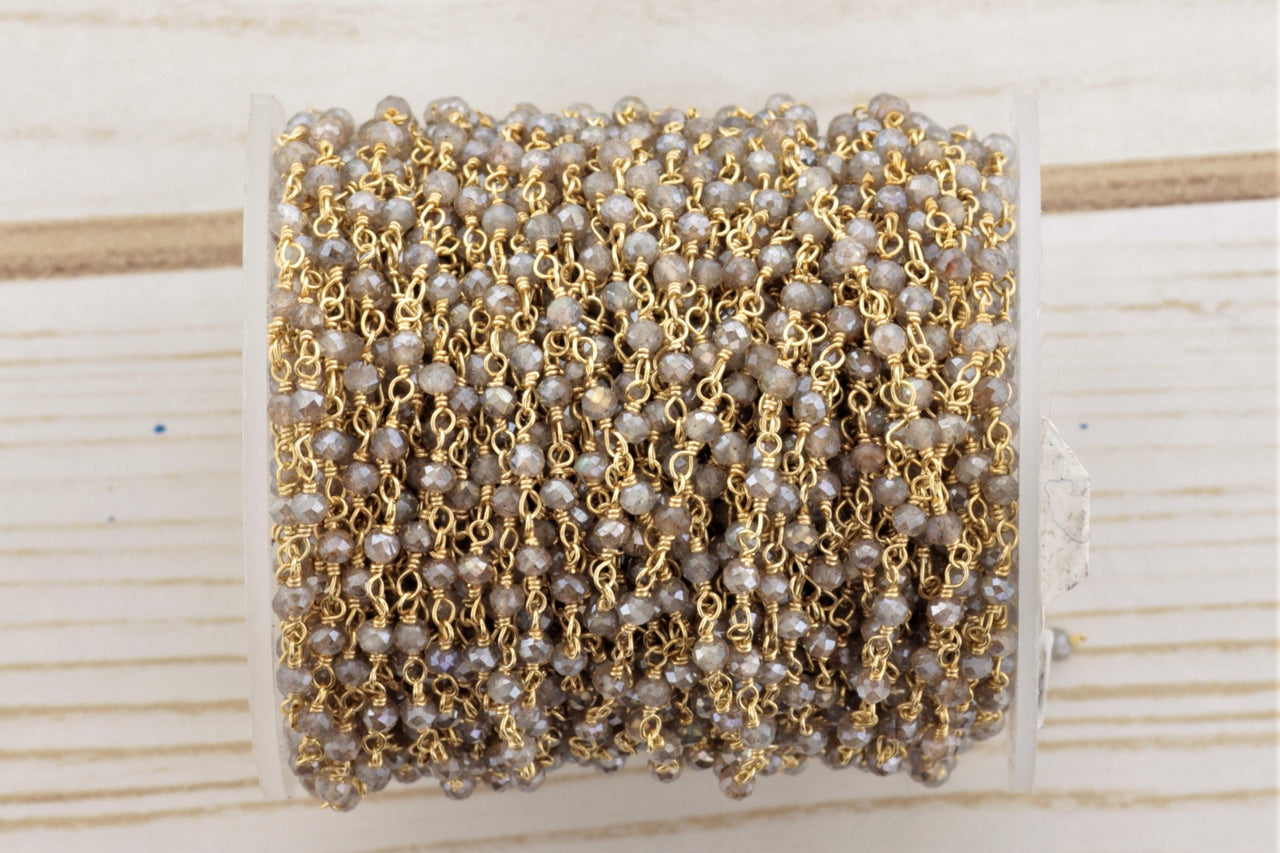 Coated Labradorite 3mm Faceted Rondelles Rosary Chain Sterling Silver with Gold Plating Wire Wrap Chain by the Foot