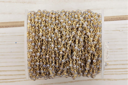 Coated Labradorite 3mm Faceted Rondelles Rosary Chain Sterling Silver with Gold Plating Wire Wrap Chain by the Foot