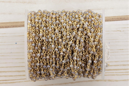 Coated Labradorite 3mm Faceted Rondelles Rosary Chain Sterling Silver with Gold Plating Wire Wrap Chain by the Foot