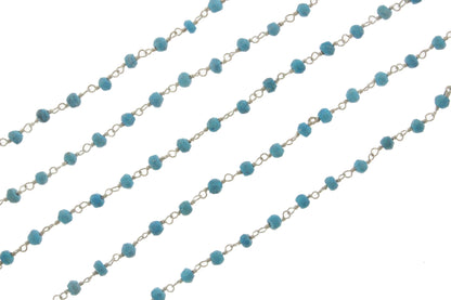 Blue Turquoise (R) 4mm Faceted Rondelles Rosary Chain Sterling Silver Wire Wrap Chain by the Foot
