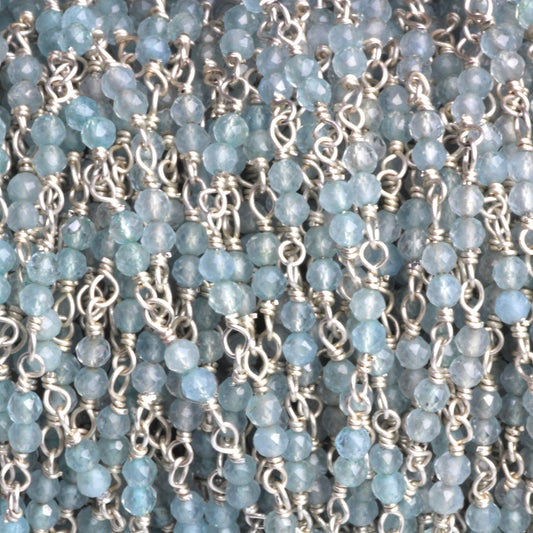 Blue Milky Aquamarine 2.5mm Faceted Rounds Double Bead Rosary Chain Sterling Silver Wire Wrap Chain by the Foot