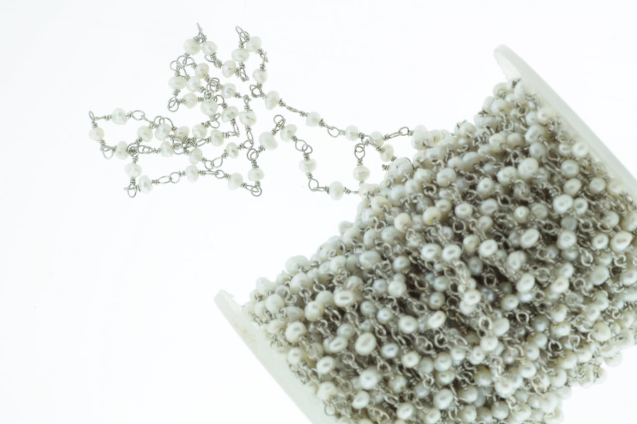 White Freshwater Pearl 3mm Smooth Rondelles Rosary Chain Sterling Silver Wire Wrap Chain by the Foot
