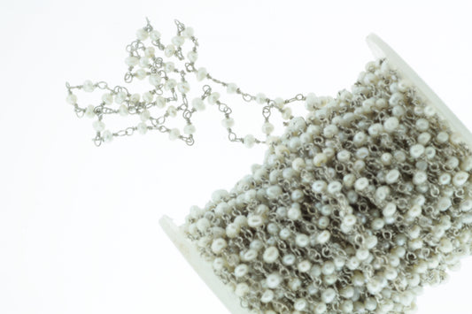 White Freshwater Pearl 3mm Smooth Rondelles Rosary Chain Sterling Silver Wire Wrap Chain by the Foot