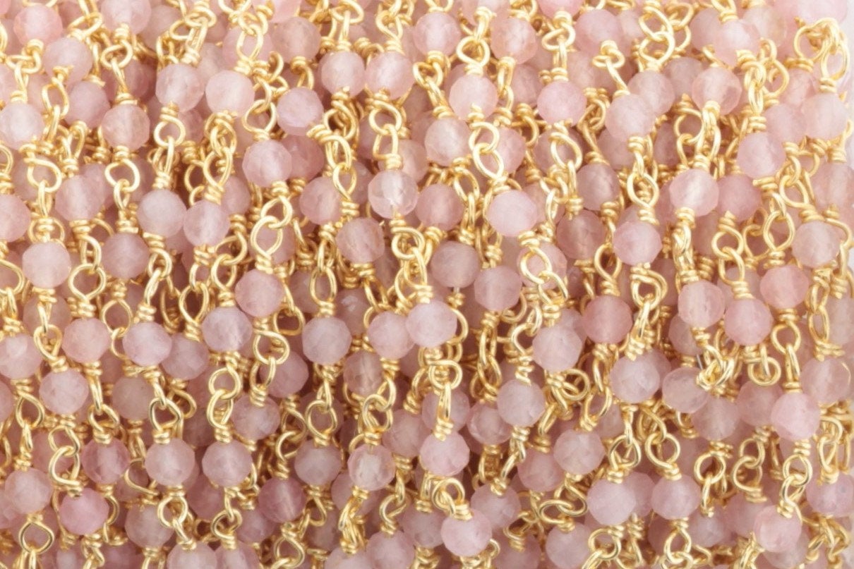 Pink Rose Quartz 3mm Faceted Rounds Rosary Chain Sterling Silver with Gold Plating Wire Wrap Chain by the Foot